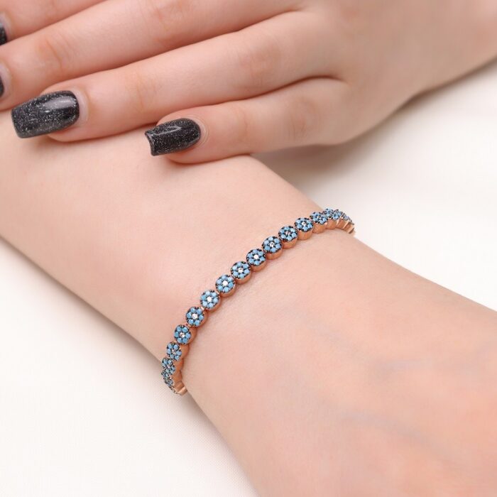 دستبند نقره زنانه رزگلد با نگین فیروزه ای مدل BEE F2 R