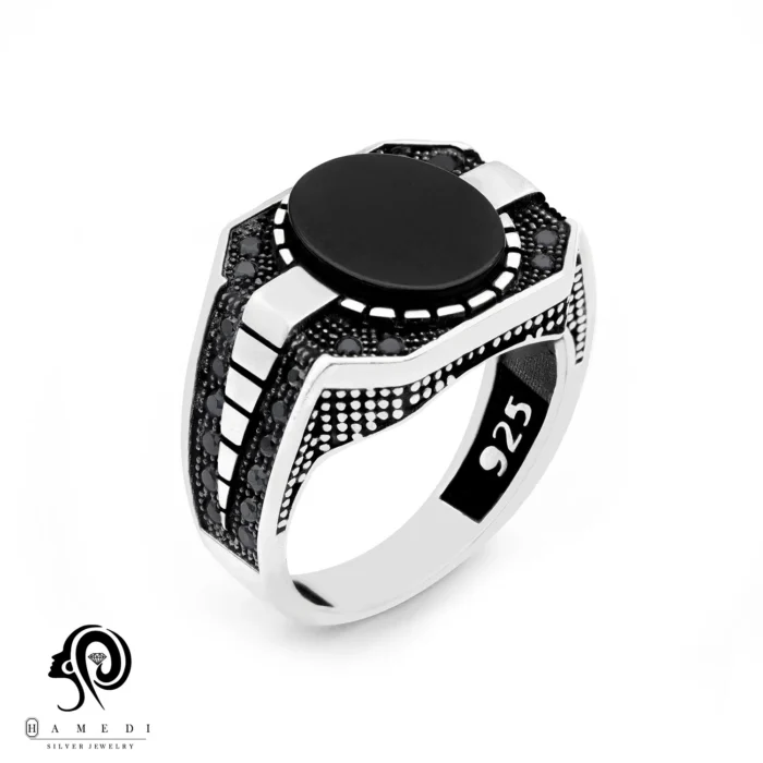 انگشتر نقره مردانه نگین سیاه شیک مدل REM R100