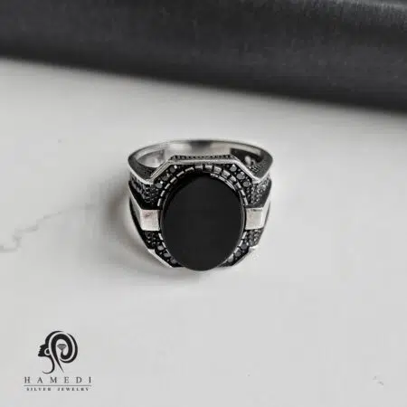 انگشتر نقره مردانه نگین سیاه شیک مدل REM R106