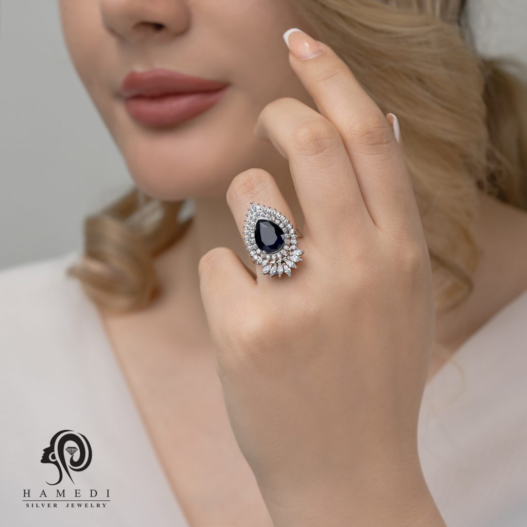 انگشتر نقره زنانه جواهری اشکی مدل RI R152