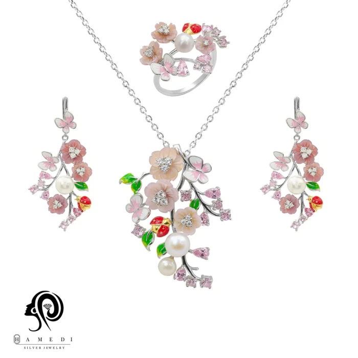 نیم ست صدفی نقره زنانه مدل NE C4