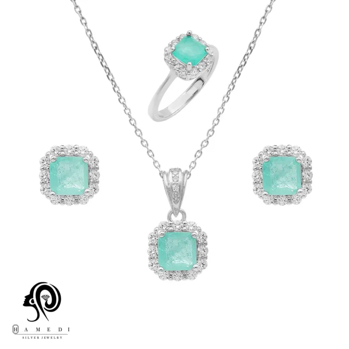 نیم ست نقره زنانه سنگ دابلت مدل NE R17