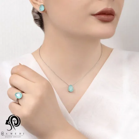 نیم ست نقره زنانه سنگ دابلت مدل NE R13