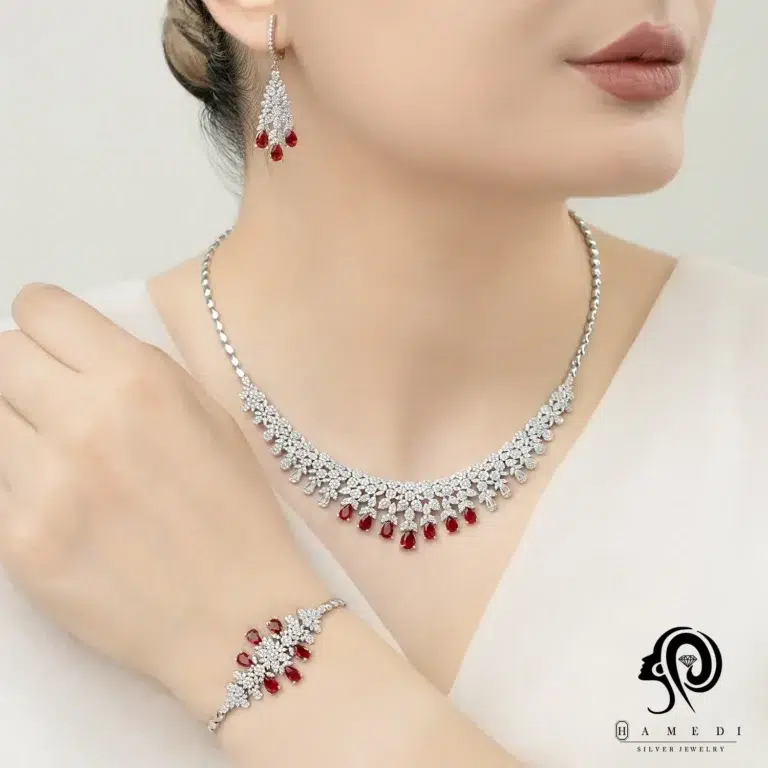 سرویس نقره زنانه رنگی زمرد و یاقوت مدل SI F61