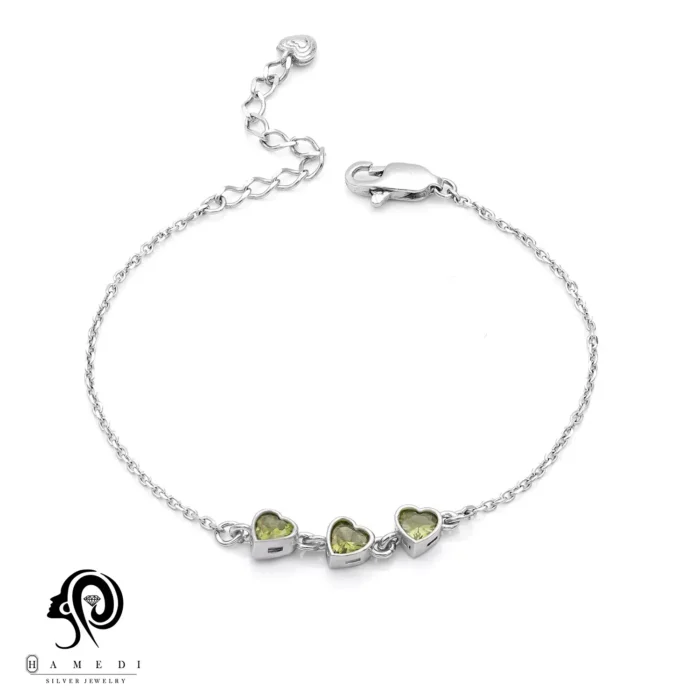 دستبند نقره زنانه قلب نگین رنگی BIC R28