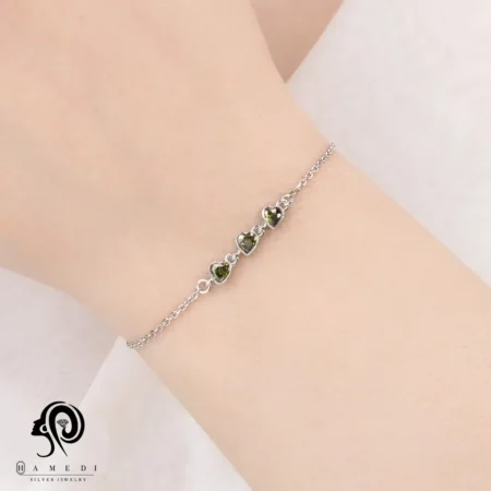 دستبند نقره زنانه قلب نگین رنگی BIC R28
