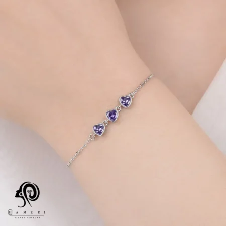 دستبند نقره زنانه قلب نگین رنگی BI R29