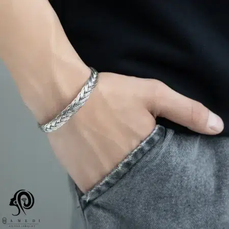 بنگل نقره مردانه طرح بافت مدل BEB T14