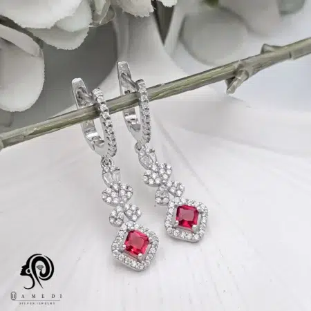 گوشواره نقره زنانه نگین رنگی مجلسی مدل EI R16