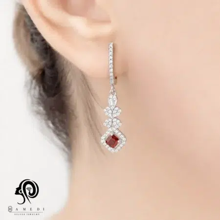 گوشواره نقره زنانه نگین رنگی مجلسی مدل EI R16