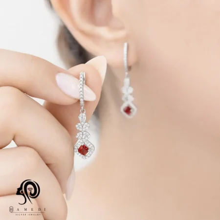 گوشواره نقره زنانه نگین رنگی مجلسی مدل EI R16