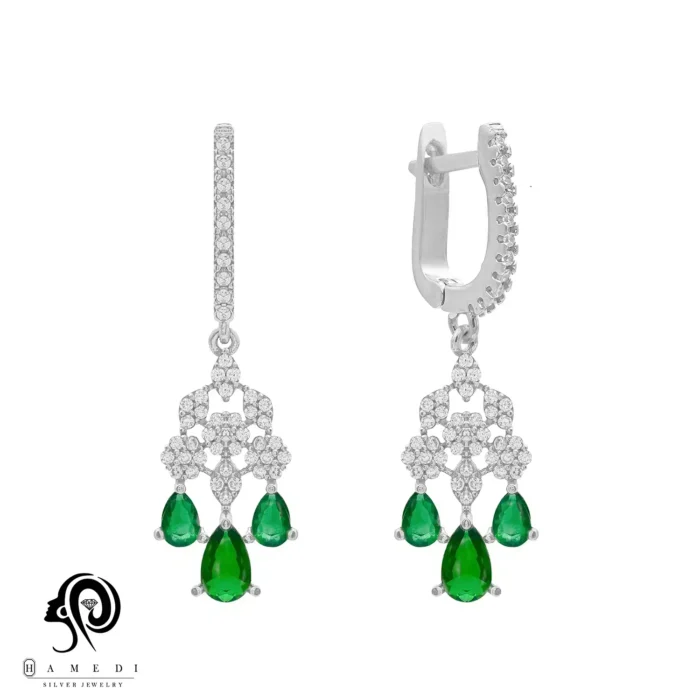 گوشواره نقره زنانه نگین رنگی مجلسی مدل EI F9