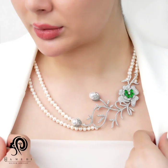 گردنبند مروارید نقره زنانه دو شطه ای مدل KEY 3