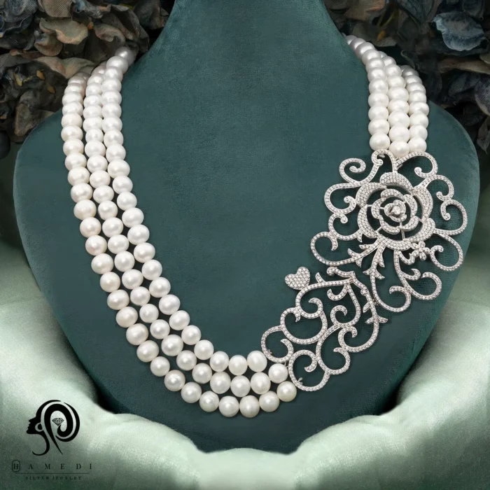 گردنبند مروارید نقره زنانه سه شطه ای مدل KEY 7