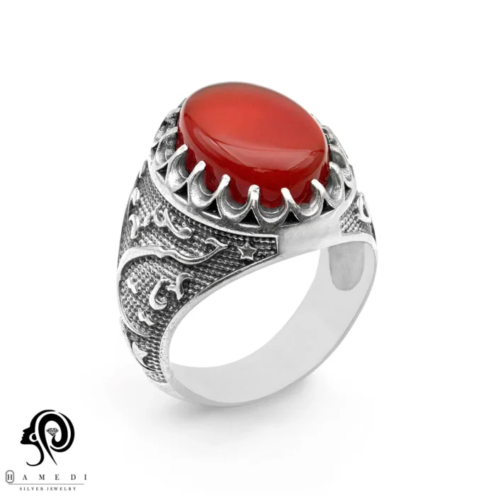 انگشتر عقیق مردانه قرمز نقره مدل RIM AG33