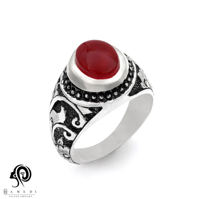 انگشتر عقیق مردانه قرمز نقره مدل RIM AG38