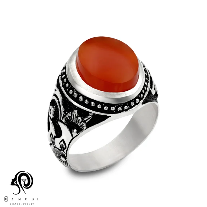 انگشتر عقیق مردانه قرمز نقره مدل RIM AG39