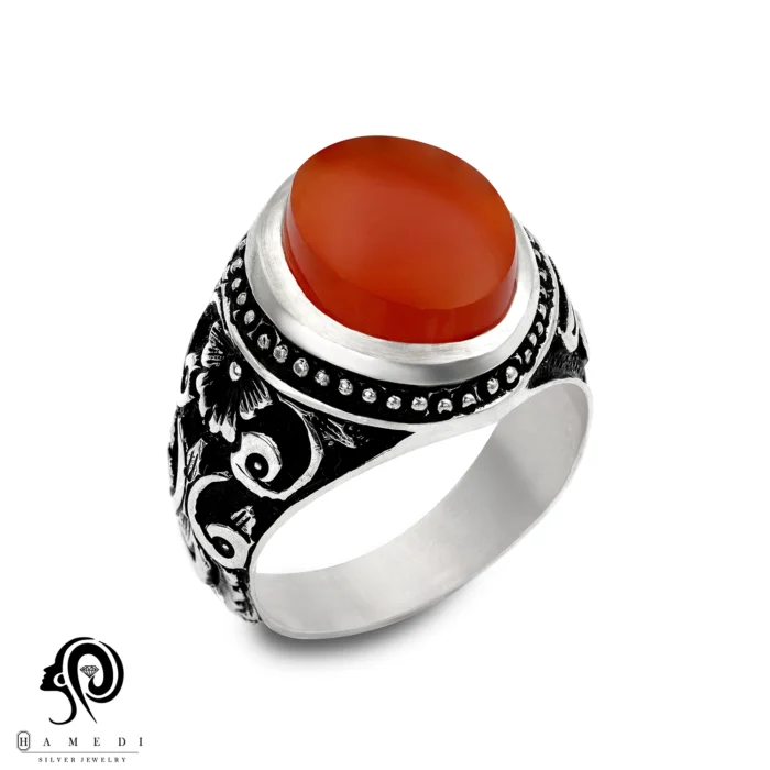 انگشتر عقیق مردانه قرمز نقره مدل RIM AG40