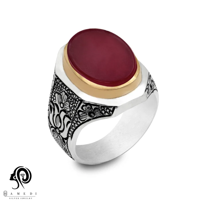 انگشتر عقیق مردانه قرمز نقره مدل RIM AG42