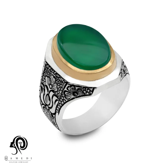 انگشتر نقره مردانه عقیق سبز مدل RIM AS15