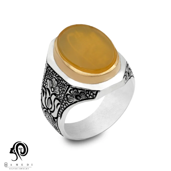 انگشتر عقیق زرد نقره مردانه حرز امام جواد مدل RIM AZ2