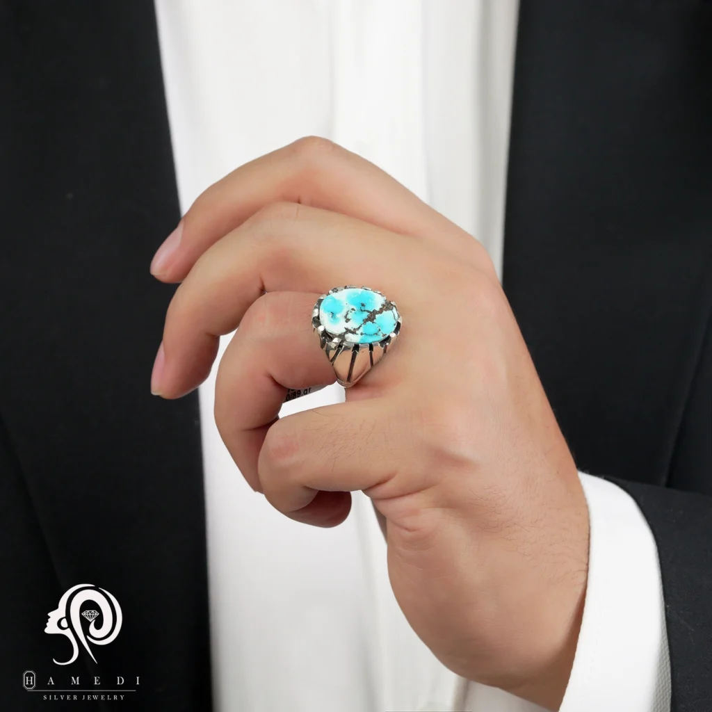 انگشتر فیروزه اصل نقره مردانه مدل RIM FI73